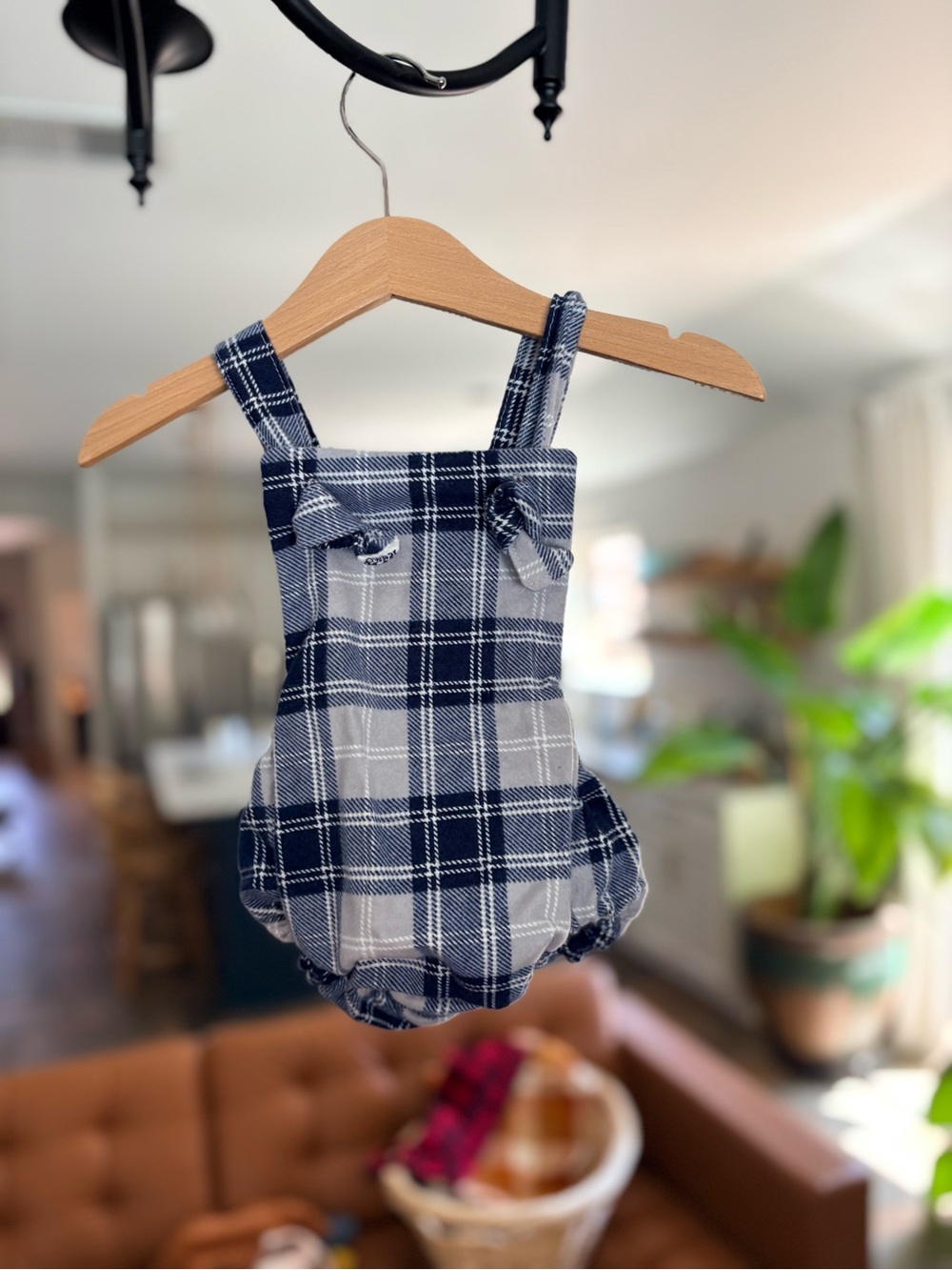 Plaid Navy and Gray Bubble Romper - Kids Bottoms 3-6 months elastic waist
